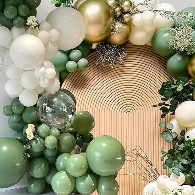 MEBAY Green White Gold Balloon Arch Kit, 146Pcs Avocado Green Metallic Chrome Gold Confetti and White Latex Balloons for Wedding Birthday Baby Shower Decoration