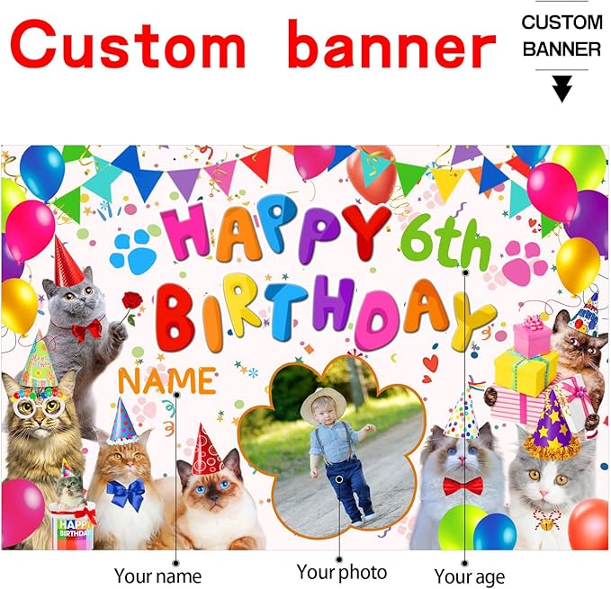 Custom Cat Happy Birthday Party Decorations Supplies Personalized Cat Happy Birthday Backdrop Banner(4x6ft)
