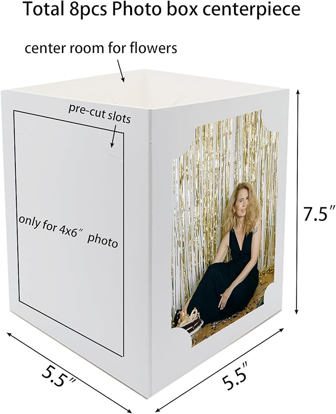 8pcs Photo Centerpiece for Table 6 Inch Photo Frame Box Centerpiece for Birthday Graduation Party Decoration, White