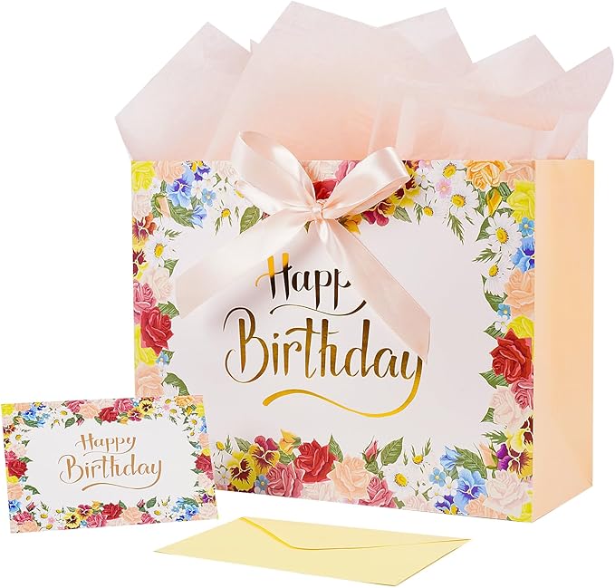 Jaywayang Large Happy Birthday Gift Bag with Card Envelope and Tissue Paper for Women Girls - 12.6"x10"x5.1" Floral Design with Ribbon Handles.