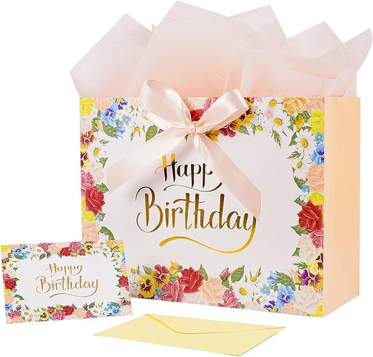 Jaywayang Large Happy Birthday Gift Bag with Card Envelope and Tissue Paper for Women Girls - 12.6"x10"x5.1" Floral Design with Ribbon Handles.