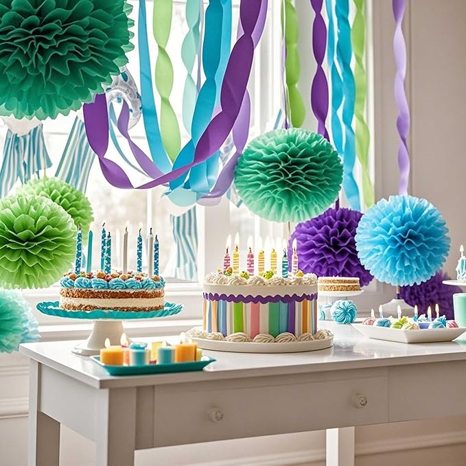 Purple Green and Blue Crepe Paper 6 Pcs Streamers for Party Decorations, Birthday Wedding DIY Crafts, Gift Wrapping Supplies