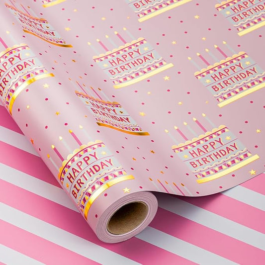 MAYPLUSS Pink Birthday Wrapping Paper Roll - 17 Inch X 33 Feet - Girly Shiny Metallic Pink Birthday Cake Pattern Reversible Gift Wrap Paper Pastel for Girl Baby Shower Wedding Bridal Shower