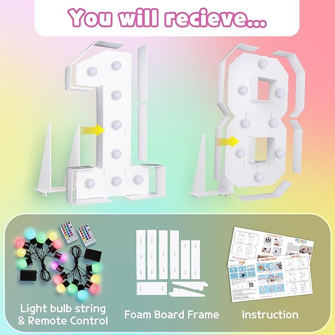 Marquee Numbers Colorful 18th Birthday Decoration: 4FT Large Light Up 18 Year Old Birthday Decorations Anniversary Backdrop Cardboard Sign 18 Colors Number 18 Mosaic Balloon Frame