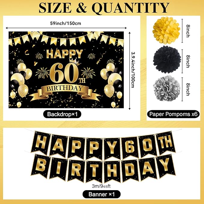 60th Birthday Decorations, Pre-Strung Happy Birthday Banner with Balloons, Backdrop, Honeycomb Centerpieces, Hanging Swirl Streamers, Black Gold Happy Birthday Party Decorations for Men Women