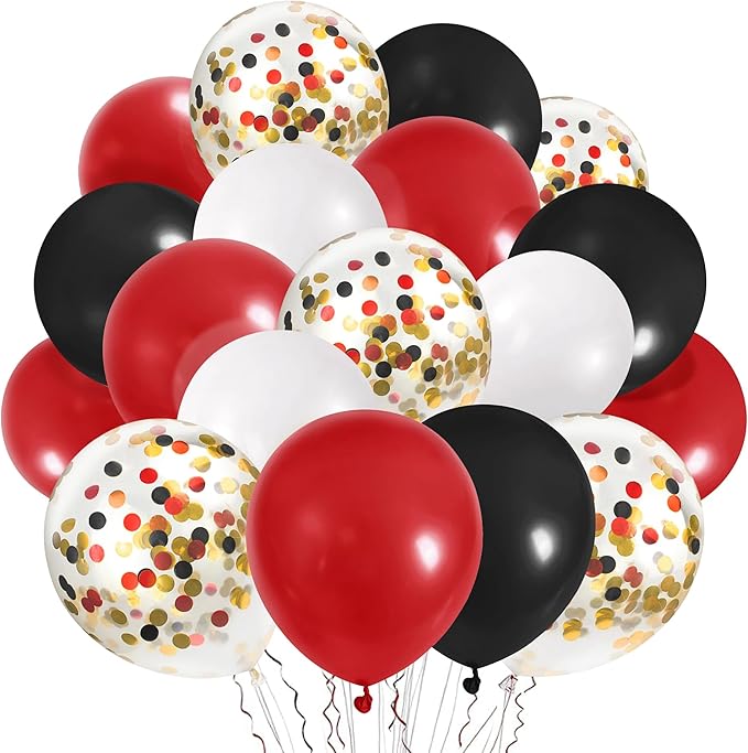 CANREVEL 50pcs 12 Inches Black Red Confetti Balloons Kit, Black Red White Party Balloons with Ribbons for Birthday, Wedding, Baby Shower, Graduation Decorations