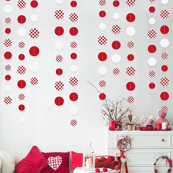 Red Party Decorations White Red Checkered Circle Dots Streamer Hanging Paper Polka Dot Garland for Birthday Baby Shower Wedding Bachelorette Christmas Carnival Circus Picnic Party Decorations Supplies