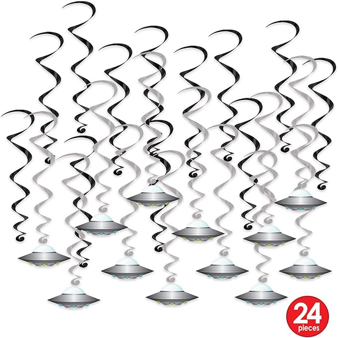 Beistle Flying Saucer Whirls – 24 Pack, Black & Silver Hanging Swirl Decorations with UFO Cutouts, Space-Themed Ceiling Décor for Alien Parties, Sci-Fi Events & Cosmic Galaxy Celebrations, 17½"–25"