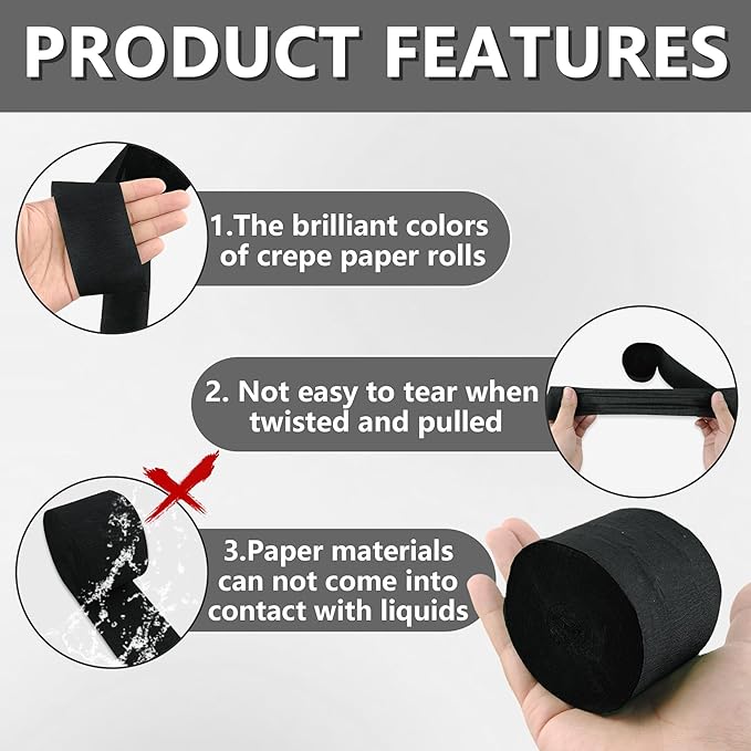 Crepe Paper Streamers 6 Rolls Black Streamers 2.2 Inches 738 Feet, Streamers Party Supplies DIY Crafts for Birthday, Wedding, Baby Shower, Bachelorette Party, Graduations Decorations, Black