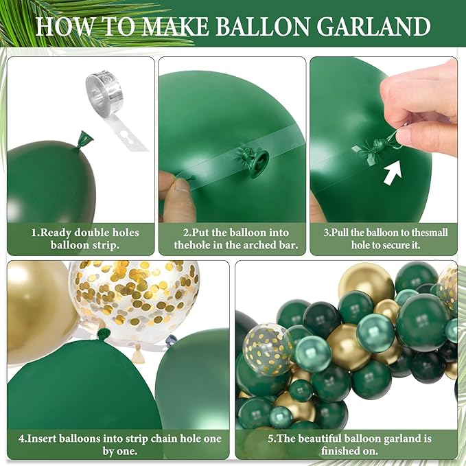 Amandir 153pcs Green and Gold Balloon Garland Arch Kit, Different Sizes 18 12 10 5 inch Green Latex Metallic Confetti Balloons Graduation Birthday Anniversary Safari Party Decoration Supplies