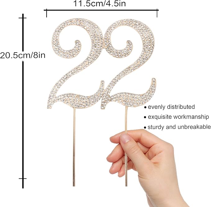 LINGPAR 22 Years Birthday Cake Topper - New Best Crystal Rhinestone 22nd Wedding Anniversary Or 22 Years Old Cake Topper Party Decoration Gold
