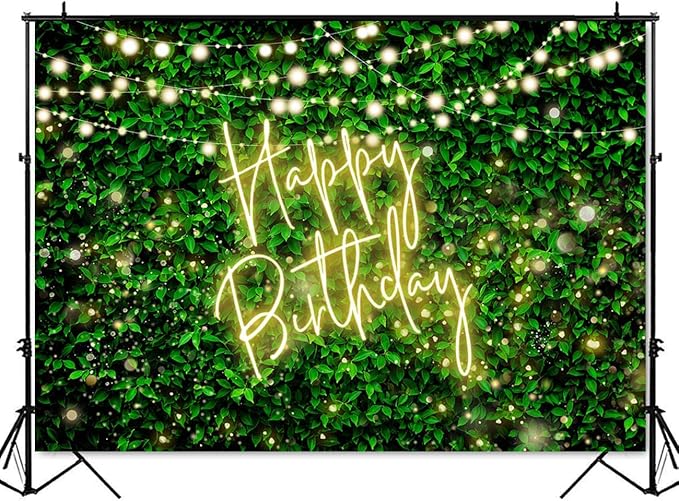 Mocsicka Green Leaves Happy Birthday Backdrop Jungle Safari Party Backdrops Birthday Decorations Nature Green Rustic Lawn Leaves Photography Background Photo Studio Props (Yellow, 8x6ft(96x72 inch))