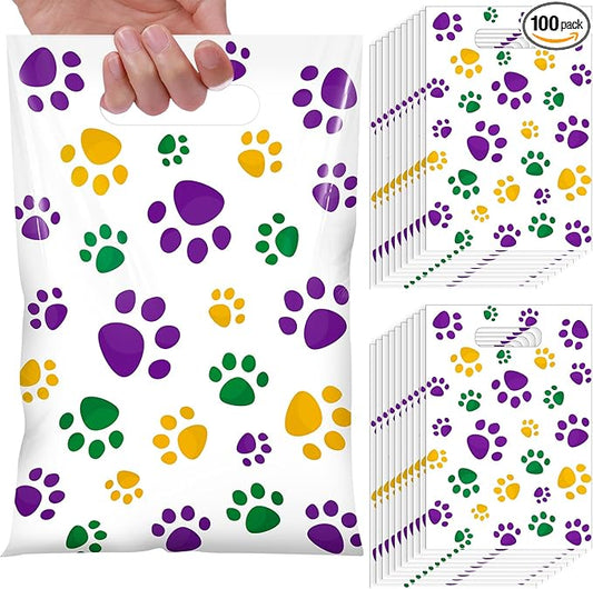 Pasimy 100 Pcs Dog Paw Gift Bags Bulk Pet Paw Puppy Plastic Treat Favor Candy Goodie Bags with Handle for Dog Birthday Party Decoration Supplies (Mardi Gras Color)