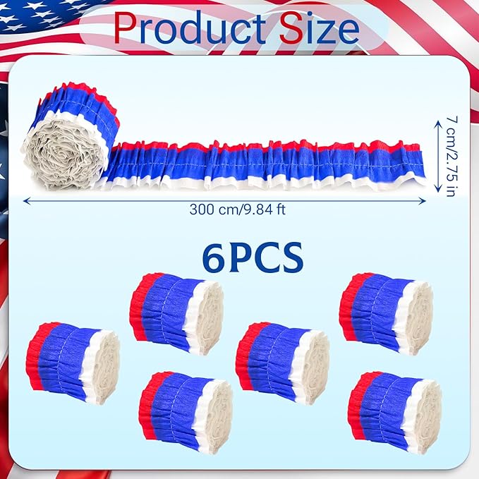 Patriotic Crepe Paper Streamers, 6 Rolls Red, Blue and White Party Streamers for Independence Day 4th of July USA Theme Party Decorations