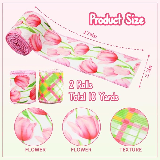 2 Rolls Pink Tulip Wired Ribbon - 2.5 Inch Wide, 10 Yards Total, Elegant Tulip Floral for Wedding Decor, DIY Crafts & Gift Wrapping, Romantic Pink Wired Edge Ribbon