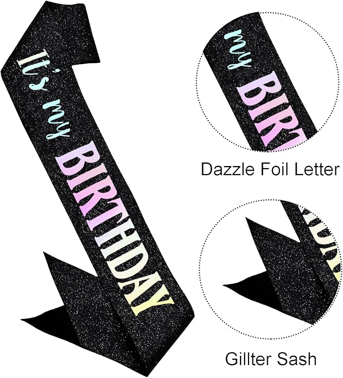 It's My Birthday Sash, Dazzle Foil Letter Glitter Black Birthday Sash for Women Men Girl Boy Kids Teenager Funny Bday Gifts Party Favors Photo Prop