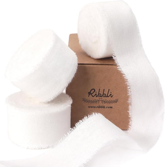 Ribbli 3 Rolls White Ribbon 1 Inch x 18 Yards Handmade Cotton Frayed Fringe Ribbons for Gift Wrapping Wedding Invites Bridal Bouquets Baby Shower DIY Crafts Home Decor