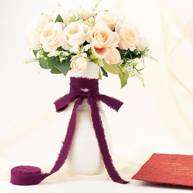 Grape Wine Cotton Ribbon 5/8 Inch Grape Wine 3 Rolls 21 Yards Frayed Edge Fabric Set for Wedding Decor, Anniversary Celebration, Bridal Bouquet Wrap, Gift Wrapping & Fall Wedding