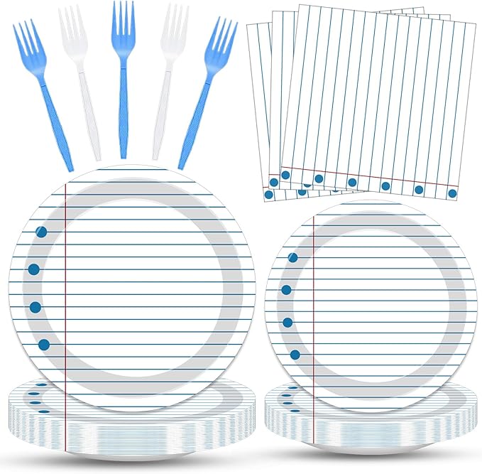 100 Pcs Back to School Party Supplies - Serves 25, Notebook Lined Paper Disposable Tableware, Includes Paper Plates, Napkins, and Plastic Forks for Kids’ Birthday, Classroom, Teacher Themed Decoration