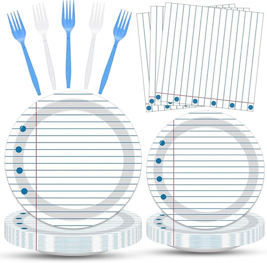 100 Pcs Back to School Party Supplies - Serves 25, Notebook Lined Paper Disposable Tableware, Includes Paper Plates, Napkins, and Plastic Forks for Kids’ Birthday, Classroom, Teacher Themed Decoration