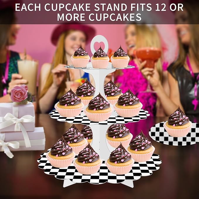 Racing Cupcake Stand 2-Pack - 3-Tier Black White Checkered Dessert Tower for Car Birthday Party, Race Theme Decorations, Baby Shower, Graduation Party, Easy 60s Assembly