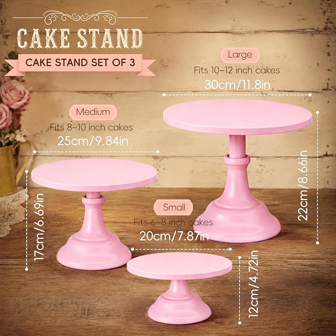 3 Pcs Metal Cake Stand, Cake Pop Stand Set of Disc Diameter 8" 10" 12", Tall Cake Stands for Dessert Table, Perfect Display for Wedding, Graduation Party, Birthday, Baby Shower, Decorations (Pink)