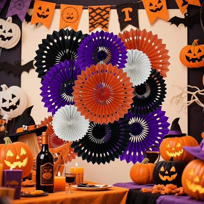 Halloween Hanging Honeycomb Round Paper Fans Decoration Theme Tissue Paper Fan Garland for Shower Birthday Graduation Wedding Party Supplies 11 Count