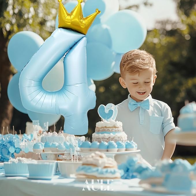 AULE 40 Inch Big Light Blue 4 Balloon Number with Crown Large Foil Helium Number Balloons 0-9 Jumbo Giant Happy 4th Birthday Party Decorations Huge Mylar Anniversary Party Supplies