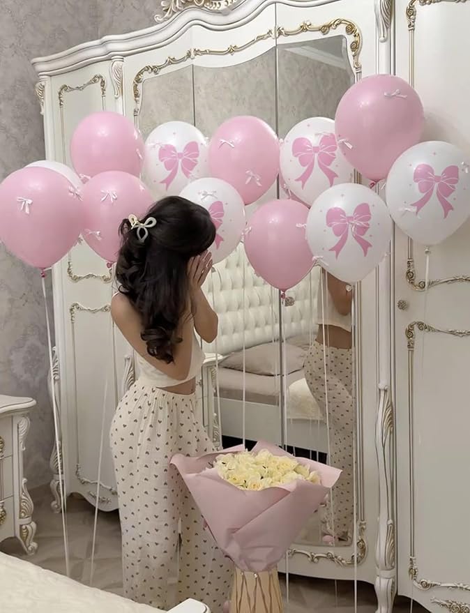 Pink Bow Balloons, 50PCS 12 Inch Pastel Pink and White Bow Print Balloons, Coquette Girly Party Decorations for Girls Birthday, Baby Shower, Bridal Shower, Bachelorette & Bow Theme Party