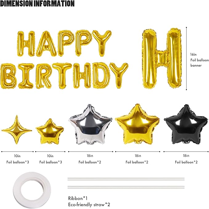 CANREVEL Happy Birthday Banner 13pcs 16 Inch Mylar Foil Letters with 12pcs Star Balloons Birthday Party Decorations for Kids and Adults - 3D Gold