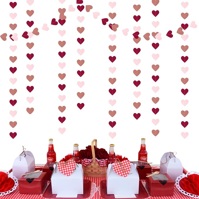 Burgundy-Red Rose-Gold Valentines Party-Decorations Heart-Garland - 52ft Pink Galentines Hanging Streamers Banner,Women Romantic Special Night Wedding Bachelorette Birthday Backdrop Decor Burgleda