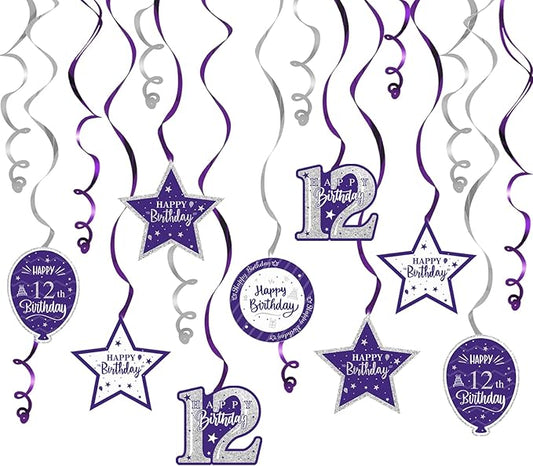 Happy 12th Birthday Purple & Silver Glitter Swirls Streamers Party Decorations - 15 Pcs 12th Birthday Hanging Swirls Streamers Kit,Cheers to Twelve Years Old Bday Party Sign.