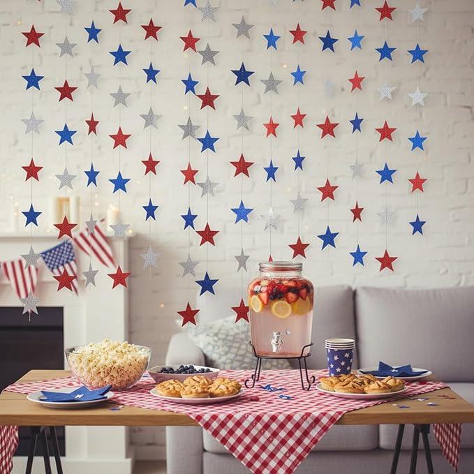 Patelai 130ft Glitter Star Garland, Red Silver Blue Patriotic Streamers Bunting Banner for 4th of July Independence Day Decorations, Memorial Veterans Day, 2026 Graduation Party Supplies