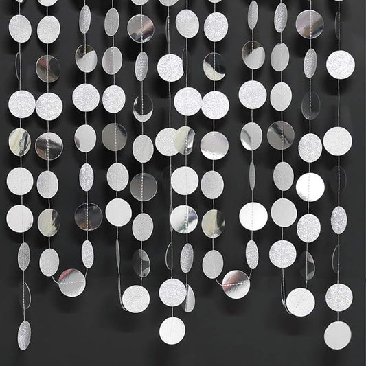 Decor365 Glitter Silver Party Decorations Silver Circle Garland Hanging Dot Streamers Banner Backdrop Birthday Decoration Bachelorette Bridal Shower Engagement Anniversary Graduation Party Decor