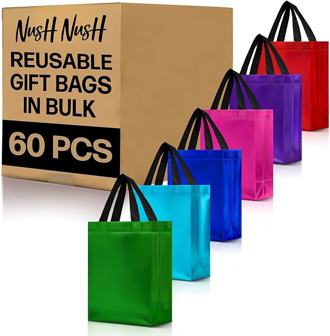 Nush Nush Set of 60 Gift Bags Bulk Medium Size - Mix of 6 Vibrant Colors Reusable Bulk Gift Bags with Handles With Glossy Finish - Perfect Goodie Bag for Christmas, Birthday, Thanksgiving – 8x4x10
