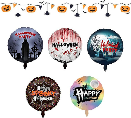 5 Pcs Scary Halloween Balloons Sets 18in Happy Halloween Foil Mylar Balloons Spooky Ghost Cemetery Spider Castle Inflatable Decorations for Rave Party Birthday Wall Ornaments