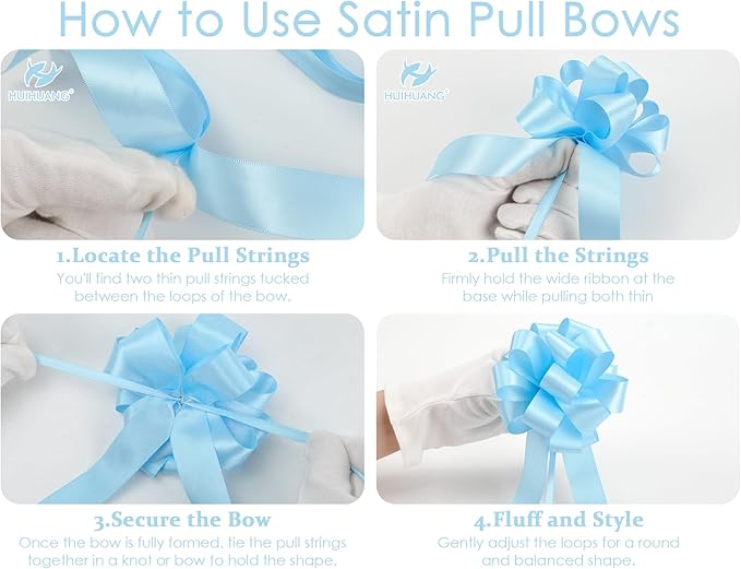 HUIHUANG Blue Bows for Gift Wrapping 12 PCS Baby Blue Pull Bows 4 inch Satin Gift Bow for Presents, Gift Basket, Paper Bag, Baby Shower Favors, Wrapping Accessories, Wedding Holiday Decor