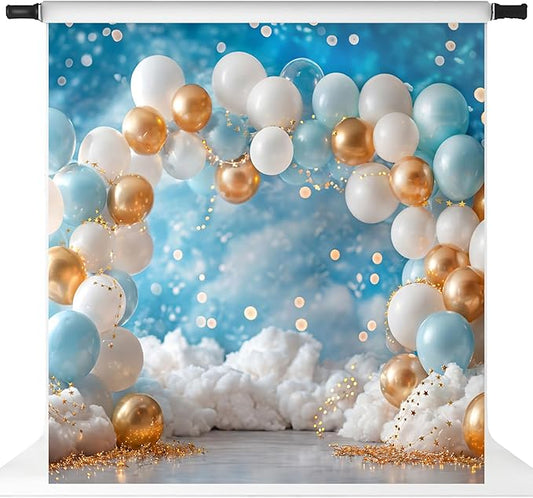 Kate Birthday Backdrops Children Kids Cake Smash Photography Backdrops Balloons Blue Sky Cloud 1st Party Decorations, 10x10ft