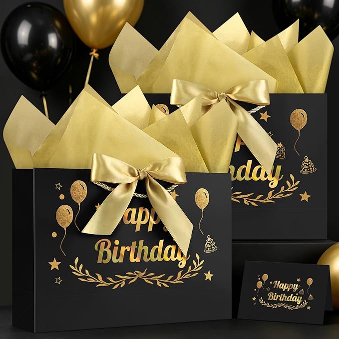 JMANNI Black Gold Happy Birthday Gift Bag with Card and Tissue Paper, 14.2"×9.84"×4.3" Large Present Bag for Men Women, Year Old Birthday Keepsake Party Supplies