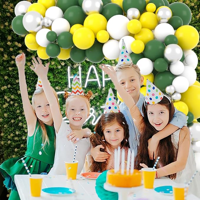 Dark Green Yellow White Silver Balloon Garland Arch Kit - Retro Green and Yellow Balloons Yellow White Balloon for Birthday Wedding Anniversary Graduation Prom Golf Tractor theme Party Decorations