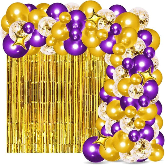 Purple Gold Balloon Garland Arch - 124PCS Purple and Gold Balloons Gold Star Balloons Purple Tinsel Foil Fringe Curtain for Birthday Wedding Anniversary Graduation Party Decorations