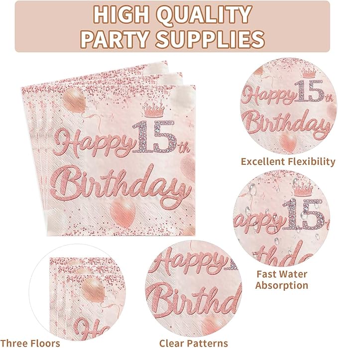 96Pcs 15th Birthday Decorations for Girls Rose Gold 15 Year Old Birthday Plates Napkins Forks Disposable 15th Girl Bday Tableware Set for Girls 15 Year Old Birthday Fabulous Party Supplies Serve 24
