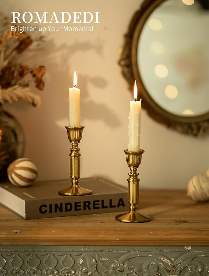 Gold Candle Holders Vintage Decor - Romadedi Solid Brass Candlestick Taper Holder for Wedding Christmas Table Centerpiece Mantel Home Decoration 5.5 Inch Set of 2