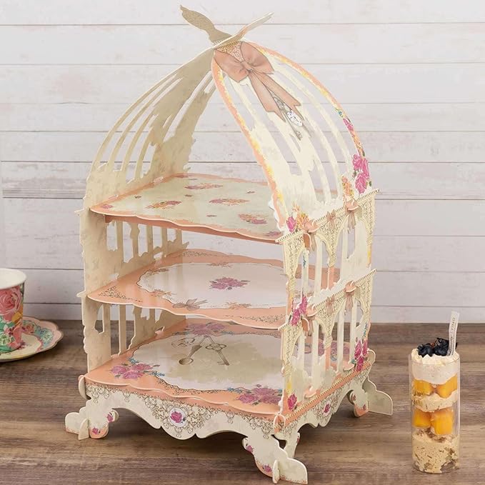 Efavormart 3 Tier White Peach Birdcage Cardboard Cupcake Stand with Floral Print, Cake Display Dessert Holder - 18"