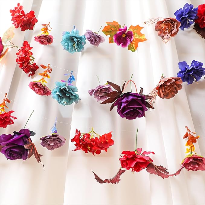 Suncalla 2 Pcs 6.6 ft Artificial Flower Garland Spring Wildflower Vines Backdrop Floral Hanging Ceiling Garland for Tea Birthday Wedding Bridal Shower Baby Shower Backdrop Wall Decor(Dark Color)
