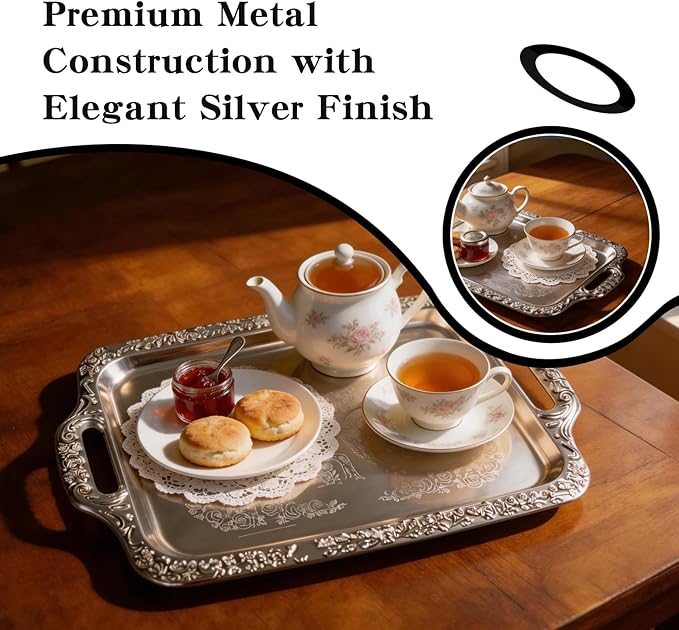 Silver Serving Tray, Metal Serving Tray - 2 Pack Rectangular Decorative Serving Trays with Handles, Ideal for Serving Food and Desserts, Perfect for Home, Parties and Weddings.