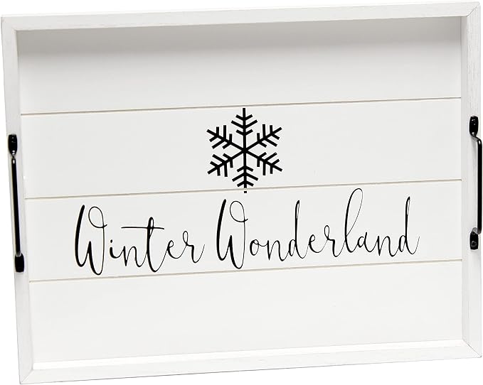 Elegant Designs HG2000-WWW Christmas Decoration Decorative Wood Serving Tray w/Handles, 15.50'' x 12'', Winter Wonderland, White
