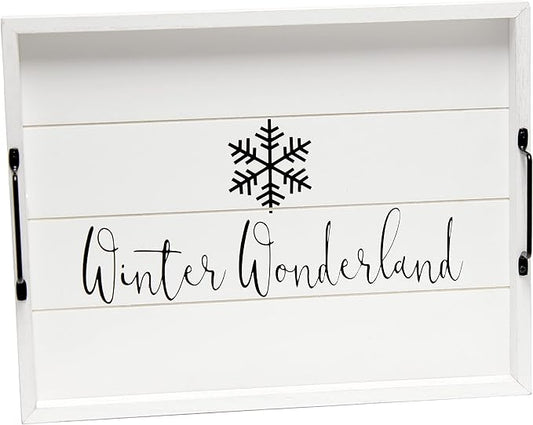 Elegant Designs HG2000-WWW Christmas Decoration Decorative Wood Serving Tray w/Handles, 15.50'' x 12'', Winter Wonderland, White