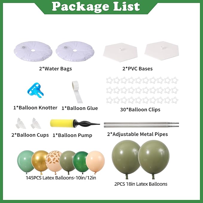 Green and Gold Balloon Column Stand Kit Set of 2, Safari Jungle Baby Shower Wild One Birthday Decorations with 145PCS Sage Green and Gold Animial Print Balloons for Woodland Animial Party Decorations