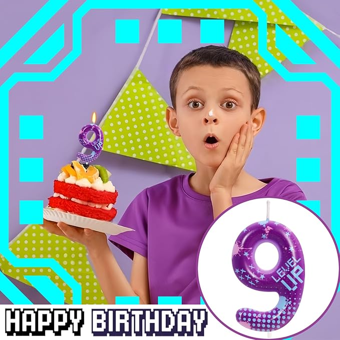 STG Birthday Candles for Boys - Number 9 Candle for Video Game Birthday Cake Topper, Fort Battle Level Up Sandbox Games Birthday Party Supplies (Purple)